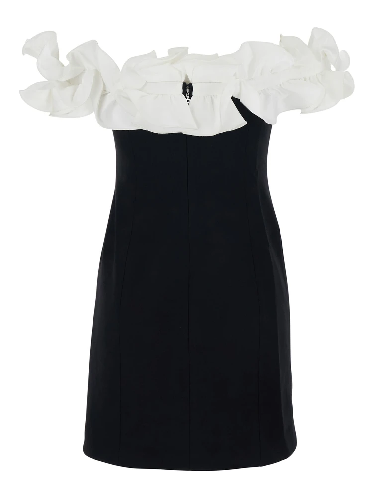 Black Dress with Bare Shoulders and Ruffle Details in Fabric Woman