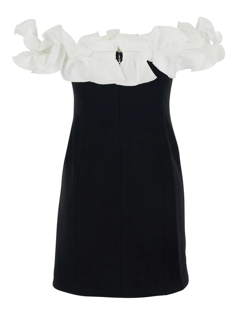 Black Dress with Bare Shoulders and Ruffle Details in Fabric Woman