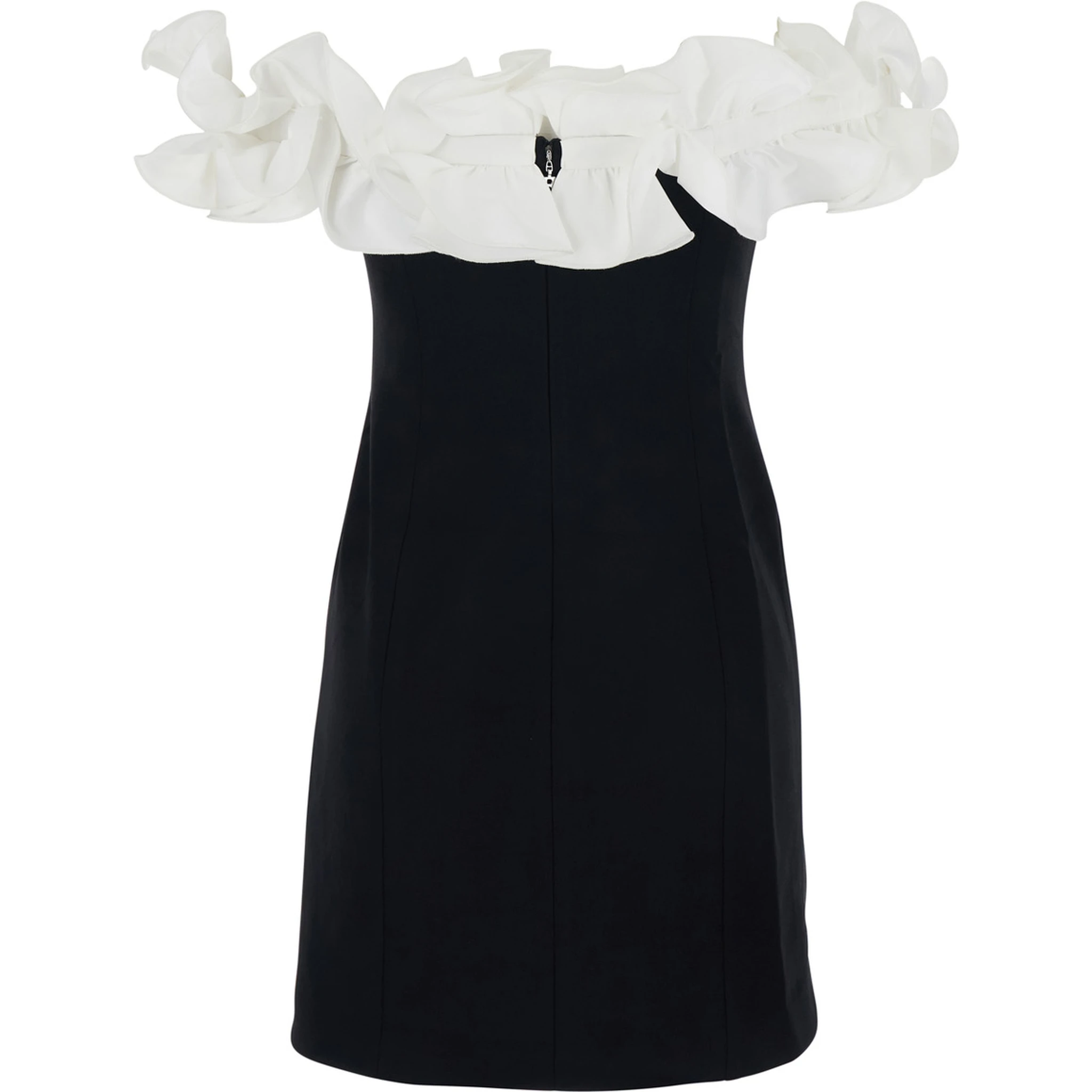 Black Dress with Bare Shoulders and Ruffle Details in Fabric Woman