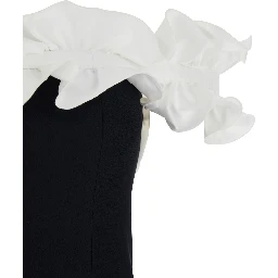 Black Dress with Bare Shoulders and Ruffle Details in Fabric Woman