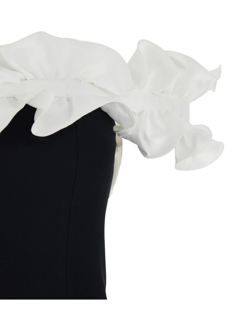 Black Dress with Bare Shoulders and Ruffle Details in Fabric Woman