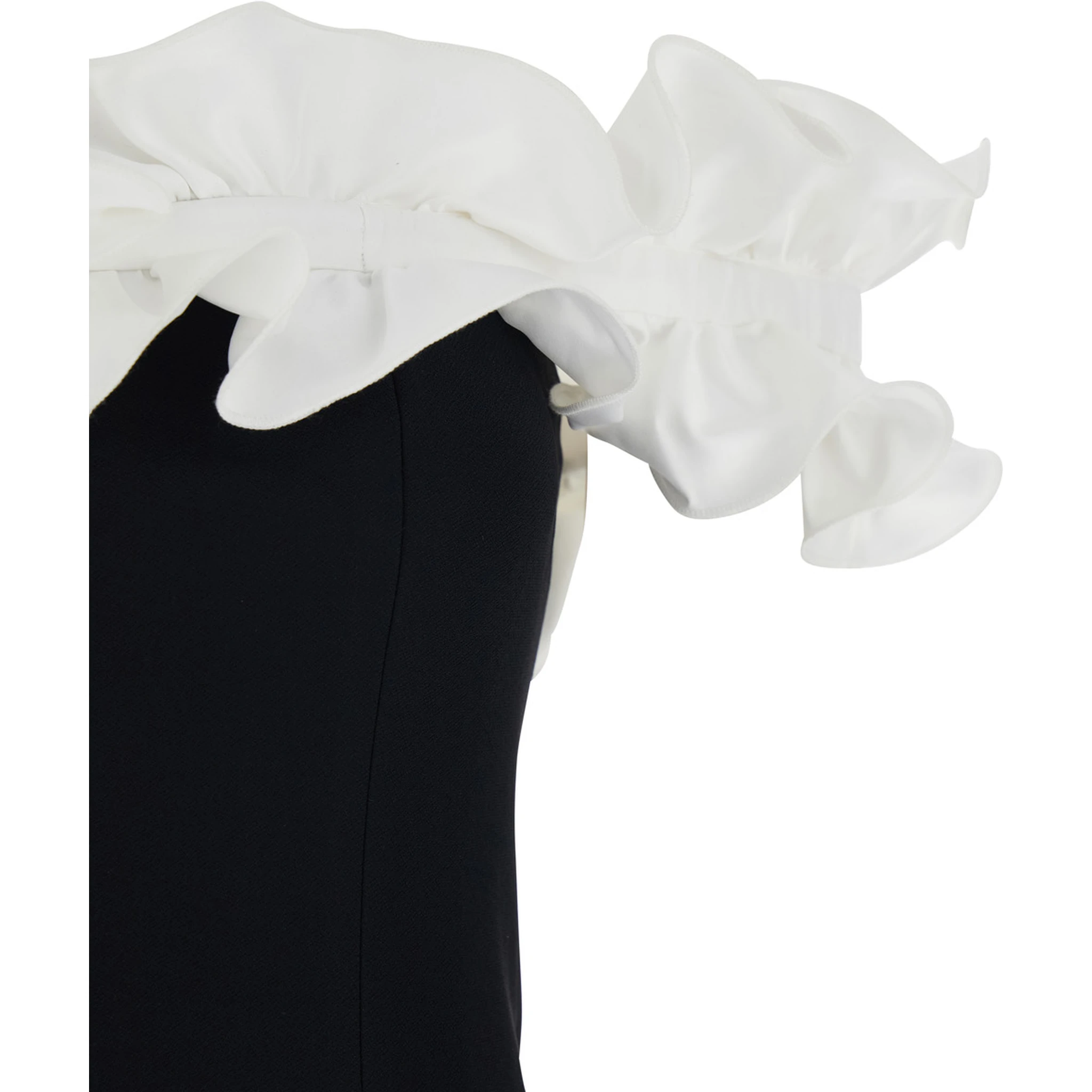 Black Dress with Bare Shoulders and Ruffle Details in Fabric Woman