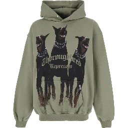 Green Hoodie with Fixed Hood and Maxi Print on the Front in Cotton Man