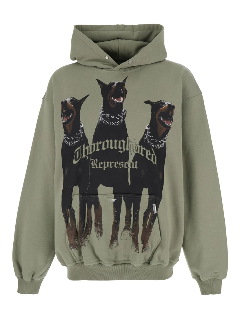 Green Hoodie with Fixed Hood and Maxi Print on the Front in Cotton Man