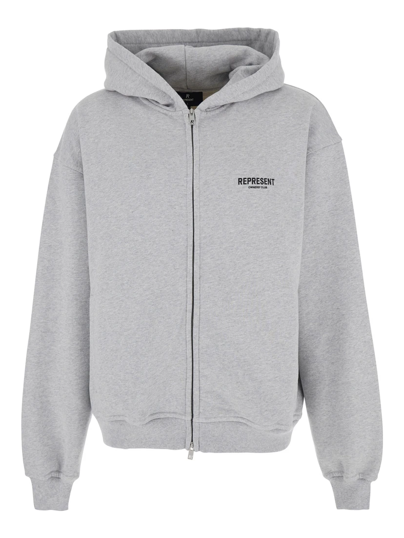 Grey Zip-Up Sweatshirt with Logo on the Front and Back in Cotton Man