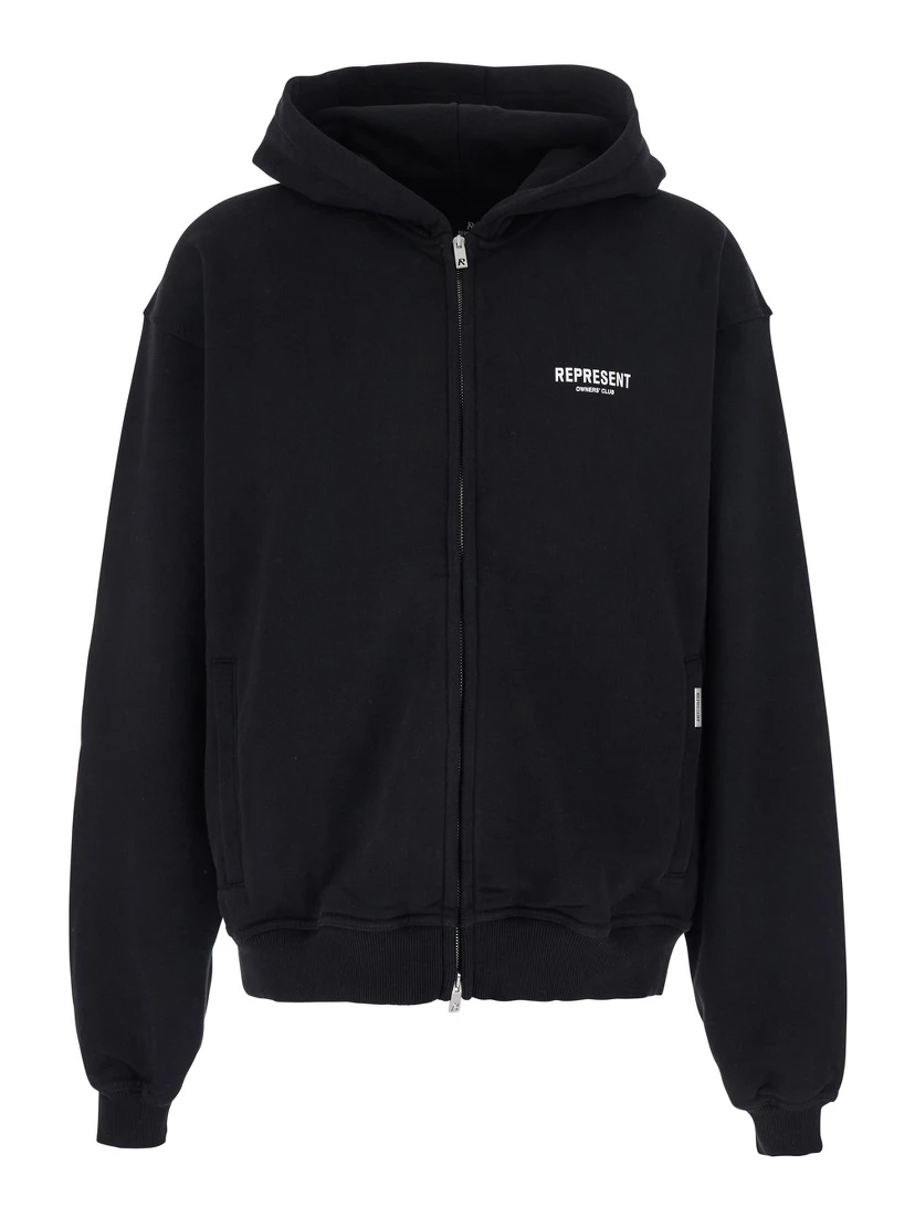 Black Zip-Up Sweatshirt with Logo on the Front and Back in Cotton Man