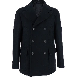Black Double-breasted Coat with Patch Pockets and Classic Revers in Fabric Man