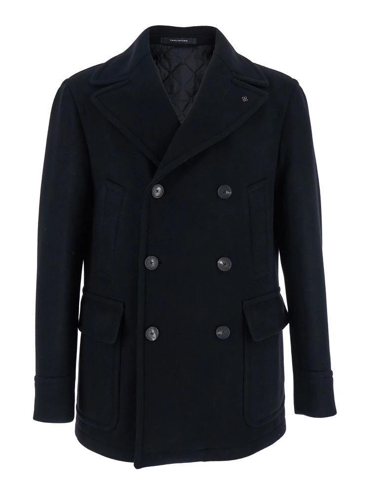 Black Double-breasted Coat with Patch Pockets and Classic Revers in Fabric Man