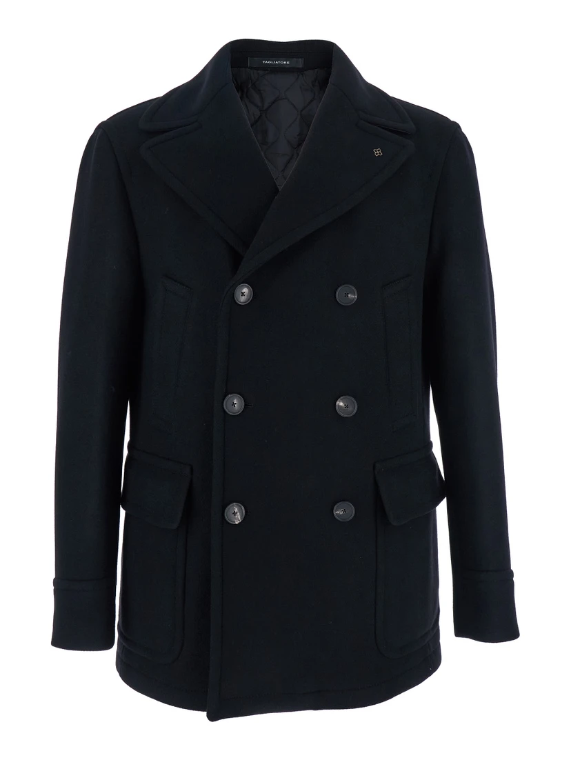 Black Double-breasted Coat with Patch Pockets and Classic Revers in Fabric Man