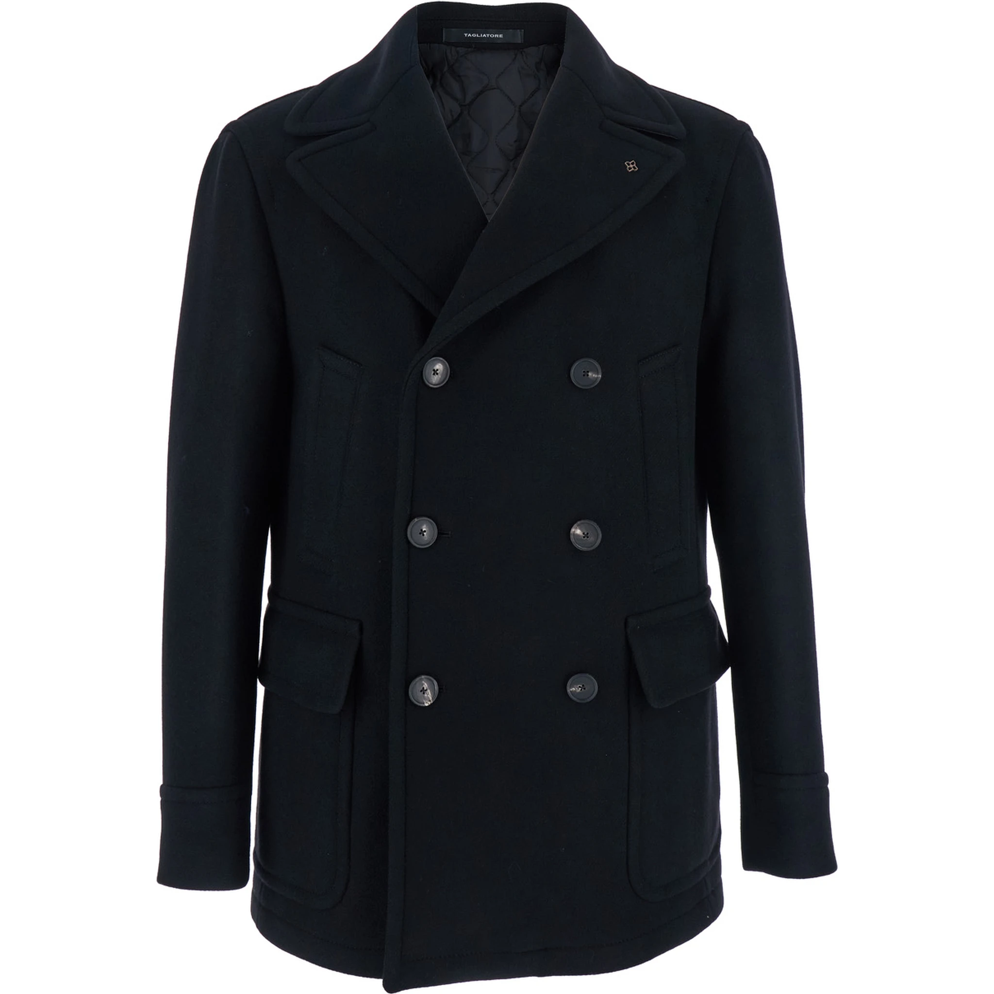 Black Double-breasted Coat with Patch Pockets and Classic Revers in Fabric Man