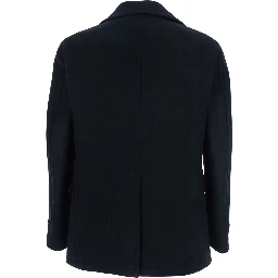 Black Double-breasted Coat with Patch Pockets and Classic Revers in Fabric Man