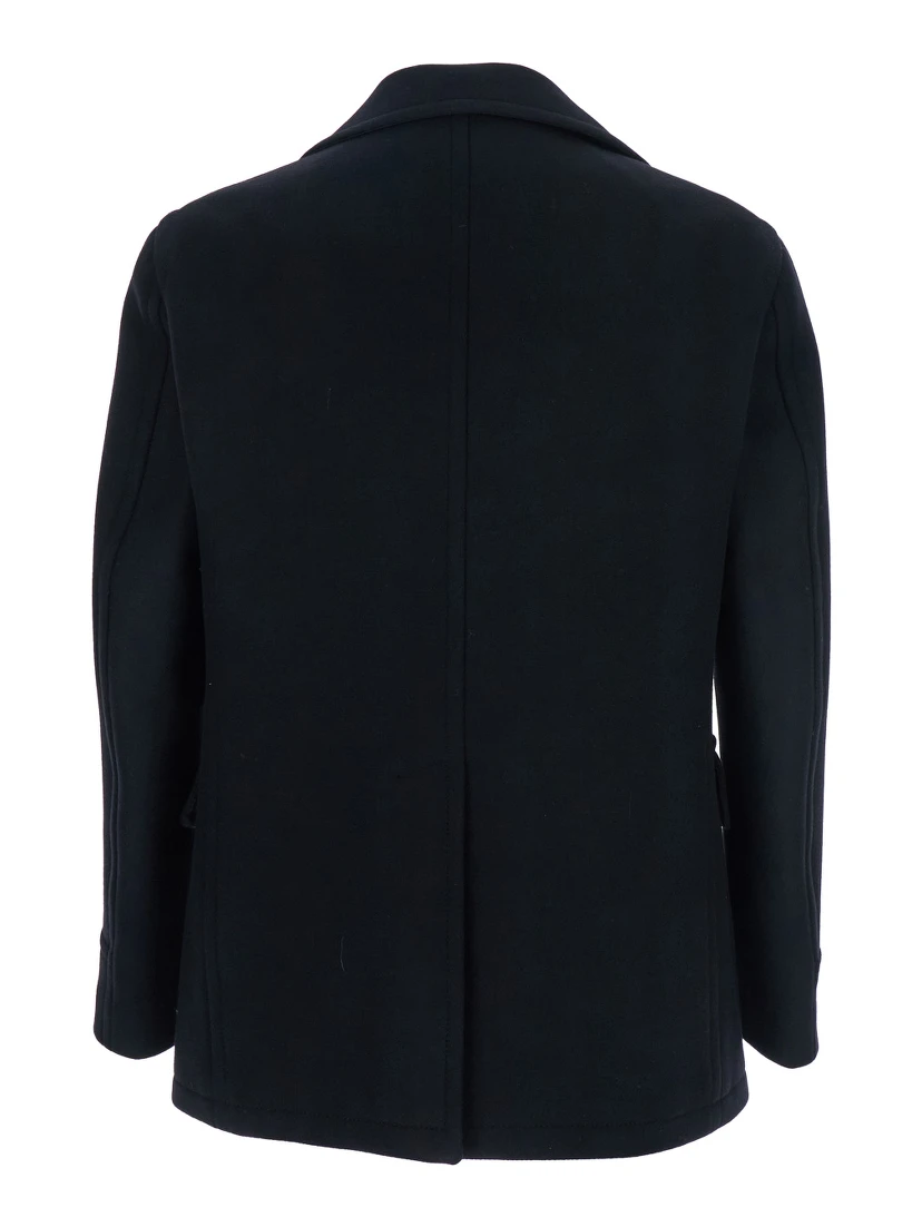 Black Double-breasted Coat with Patch Pockets and Classic Revers in Fabric Man