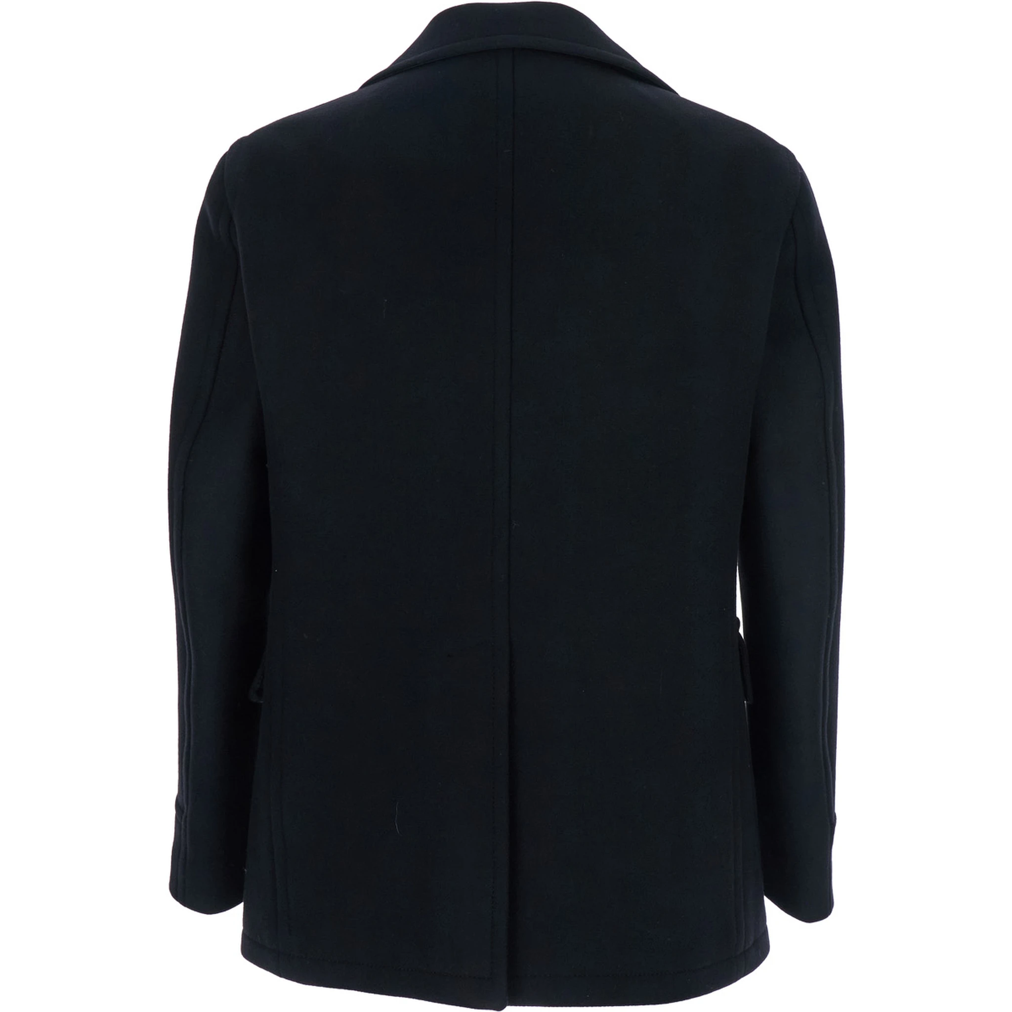 Black Double-breasted Coat with Patch Pockets and Classic Revers in Fabric Man