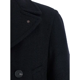 Black Double-breasted Coat with Patch Pockets and Classic Revers in Fabric Man