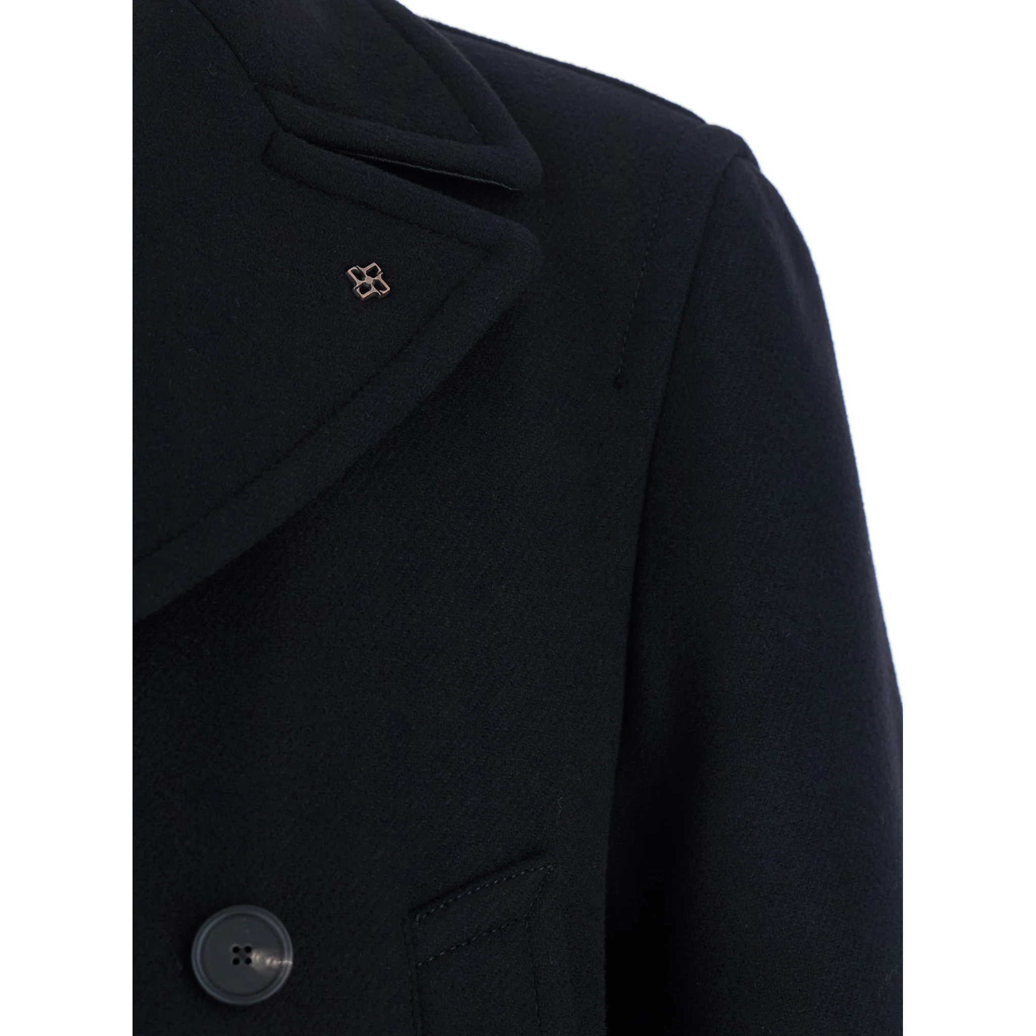 Black Double-breasted Coat with Patch Pockets and Classic Revers in Fabric Man
