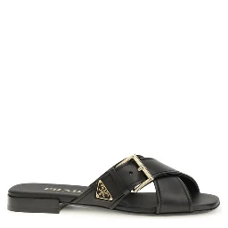 Black Calf Leather Bos Taurus Flat Sandals