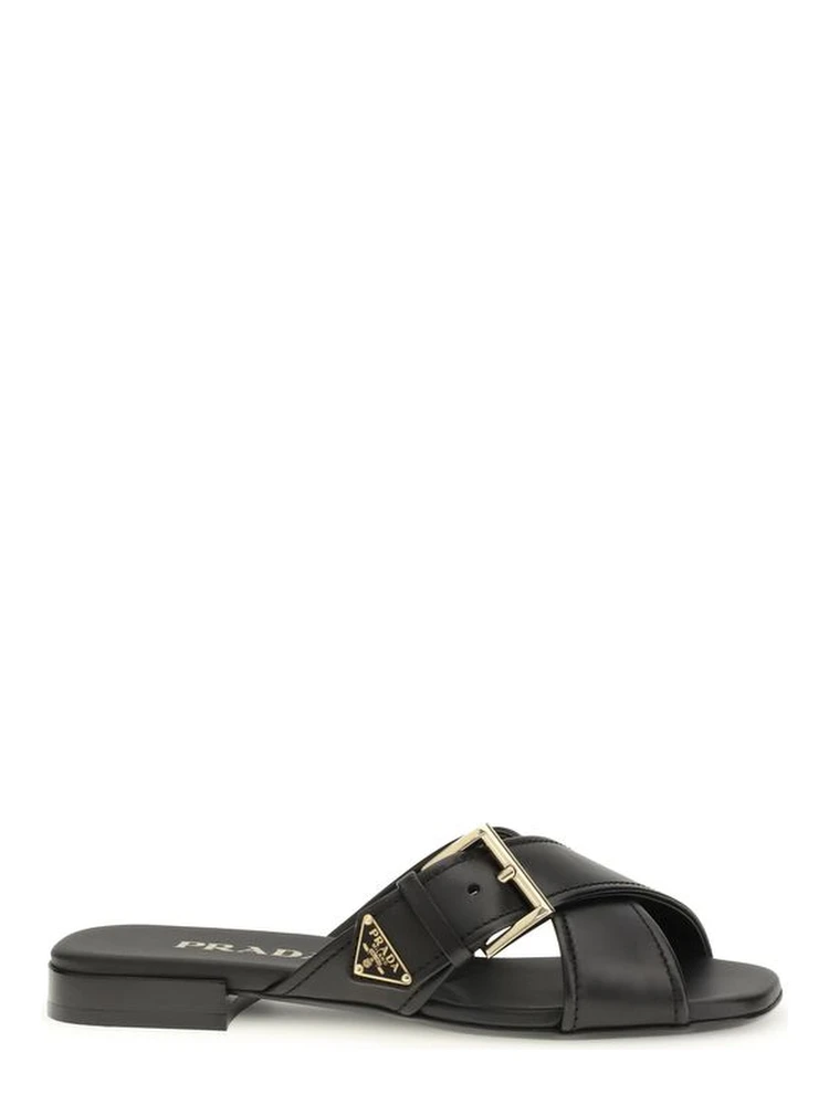 Black Calf Leather Bos Taurus Flat Sandals