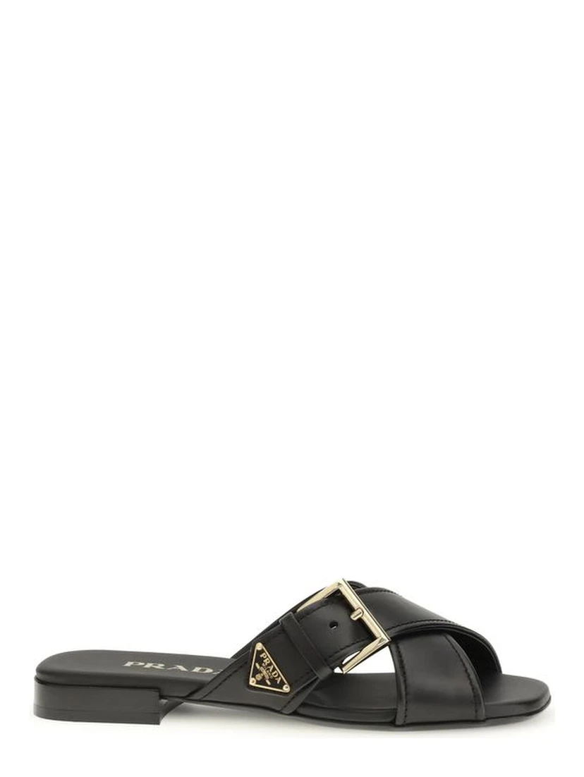 Black Calf Leather Bos Taurus Flat Sandals