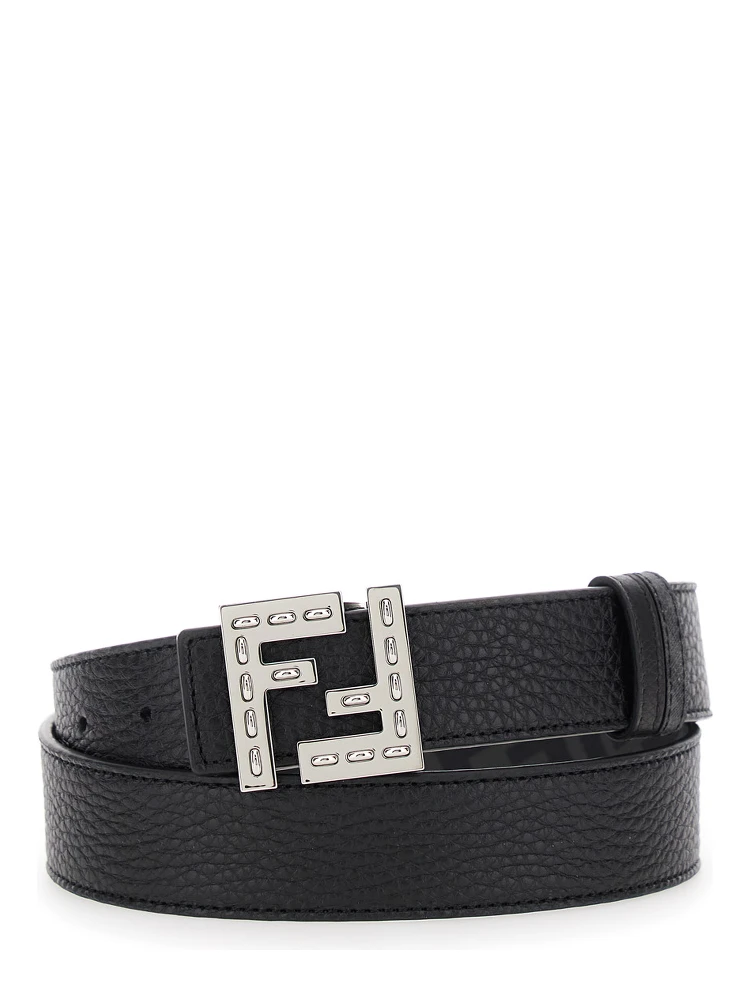 Black Belt with Metallic FF Logo Plate on the Front and FF Interior Motif in Hammered Leather Man
