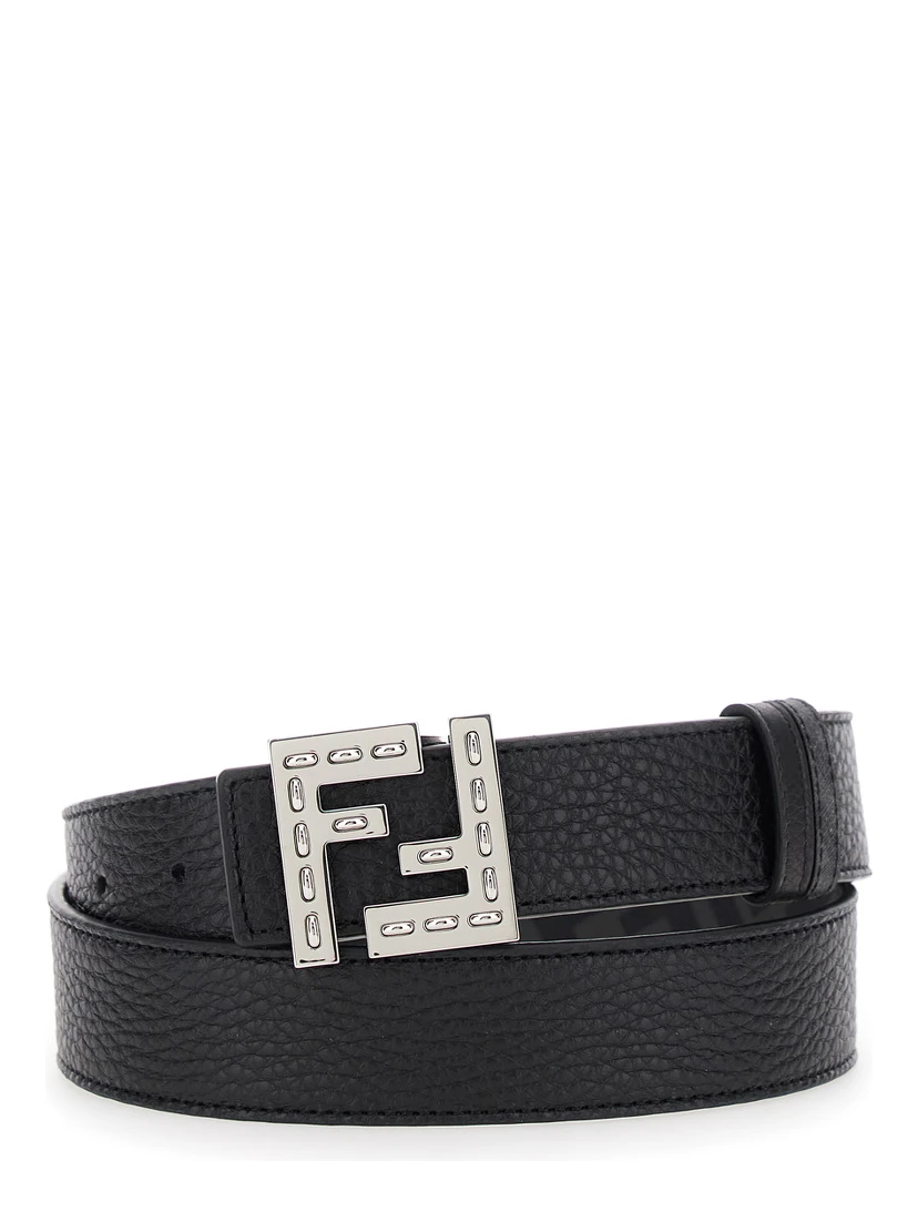 Black Belt with Metallic FF Logo Plate on the Front and FF Interior Motif in Hammered Leather Man