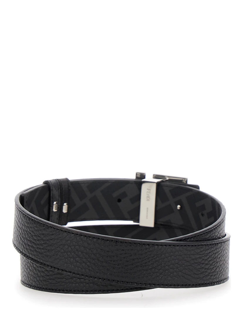 Black Belt with Metallic FF Logo Plate on the Front and FF Interior Motif in Hammered Leather Man