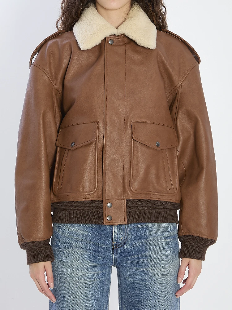 Bomber jacket in hammered leather and shearling