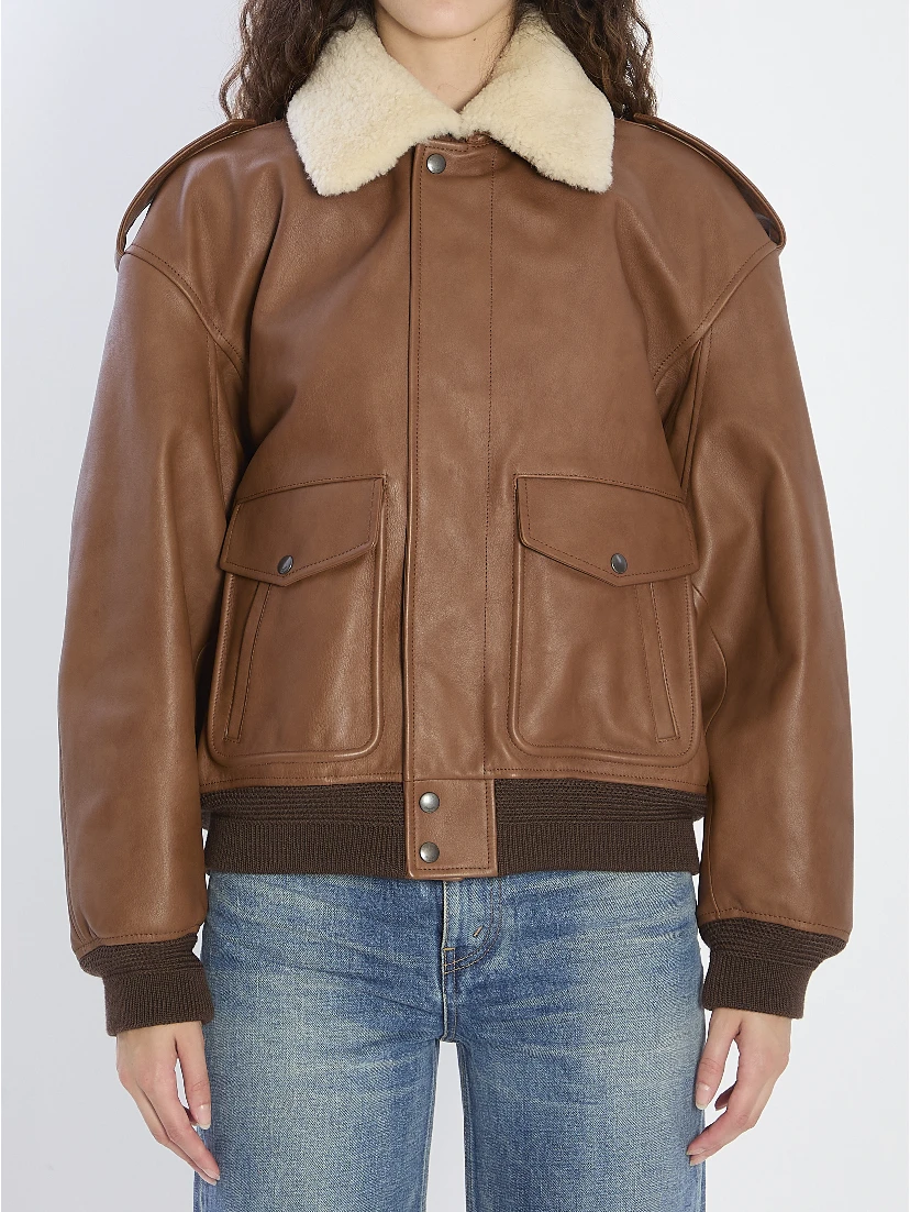 Bomber jacket in hammered leather and shearling
