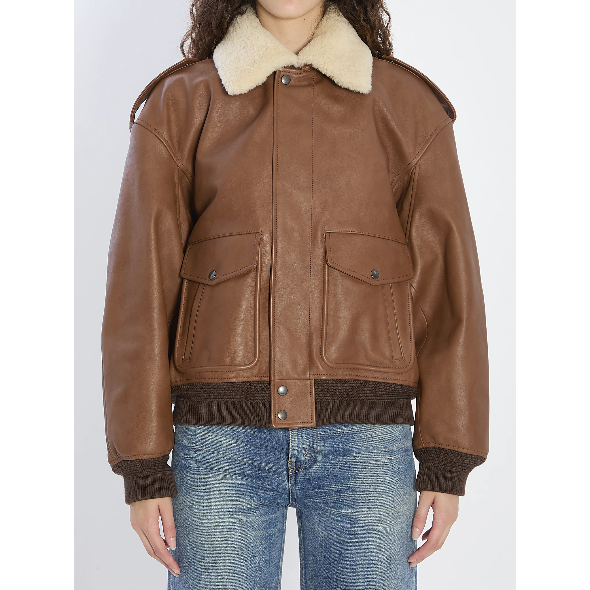 Bomber jacket in hammered leather and shearling