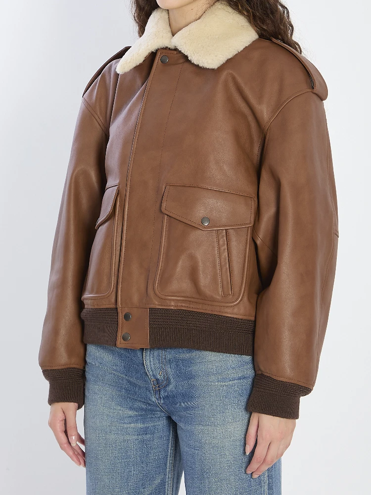Bomber jacket in hammered leather and shearling alternative