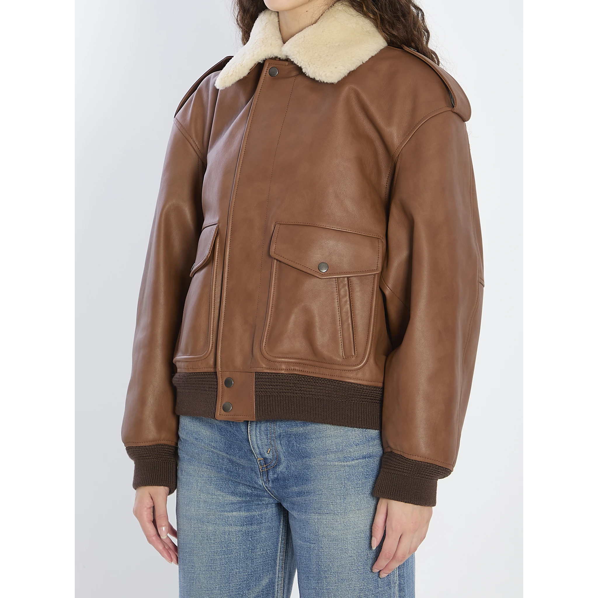 Bomber jacket in hammered leather and shearling