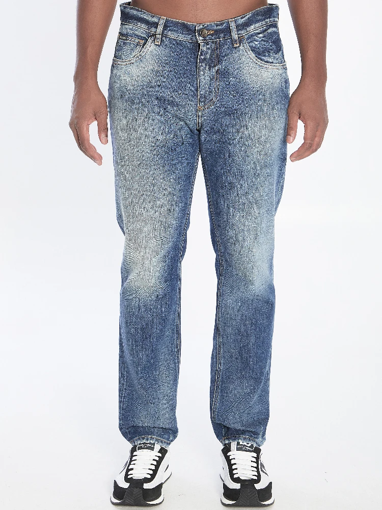 Denim pants with plaque