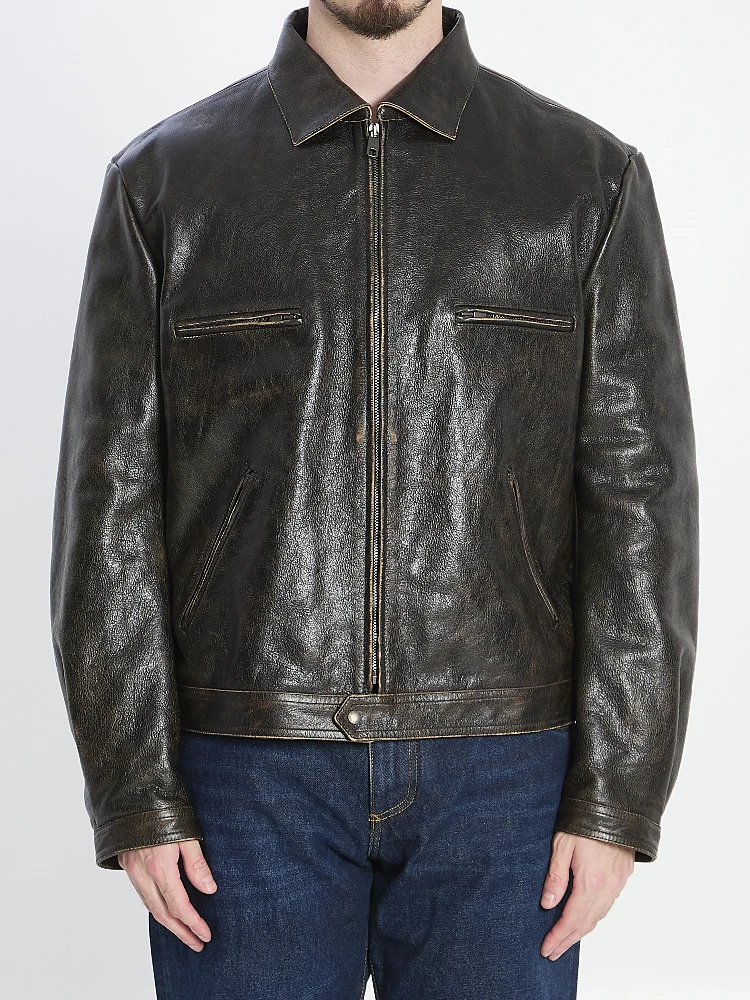 Aged-effect leather jacket