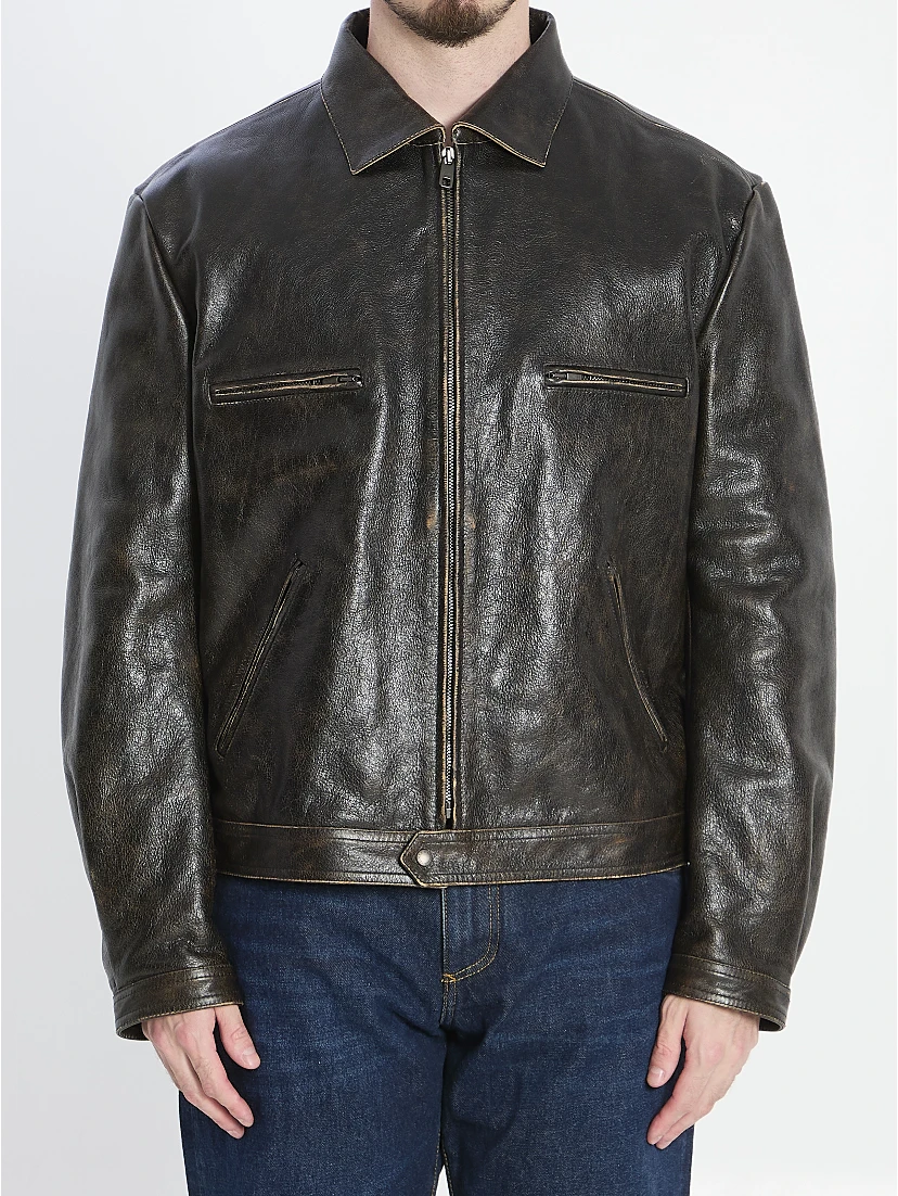 Aged-effect leather jacket