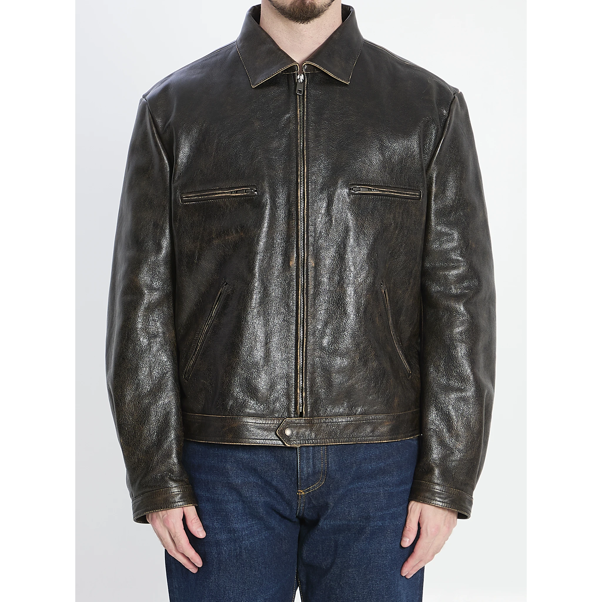 Aged-effect leather jacket