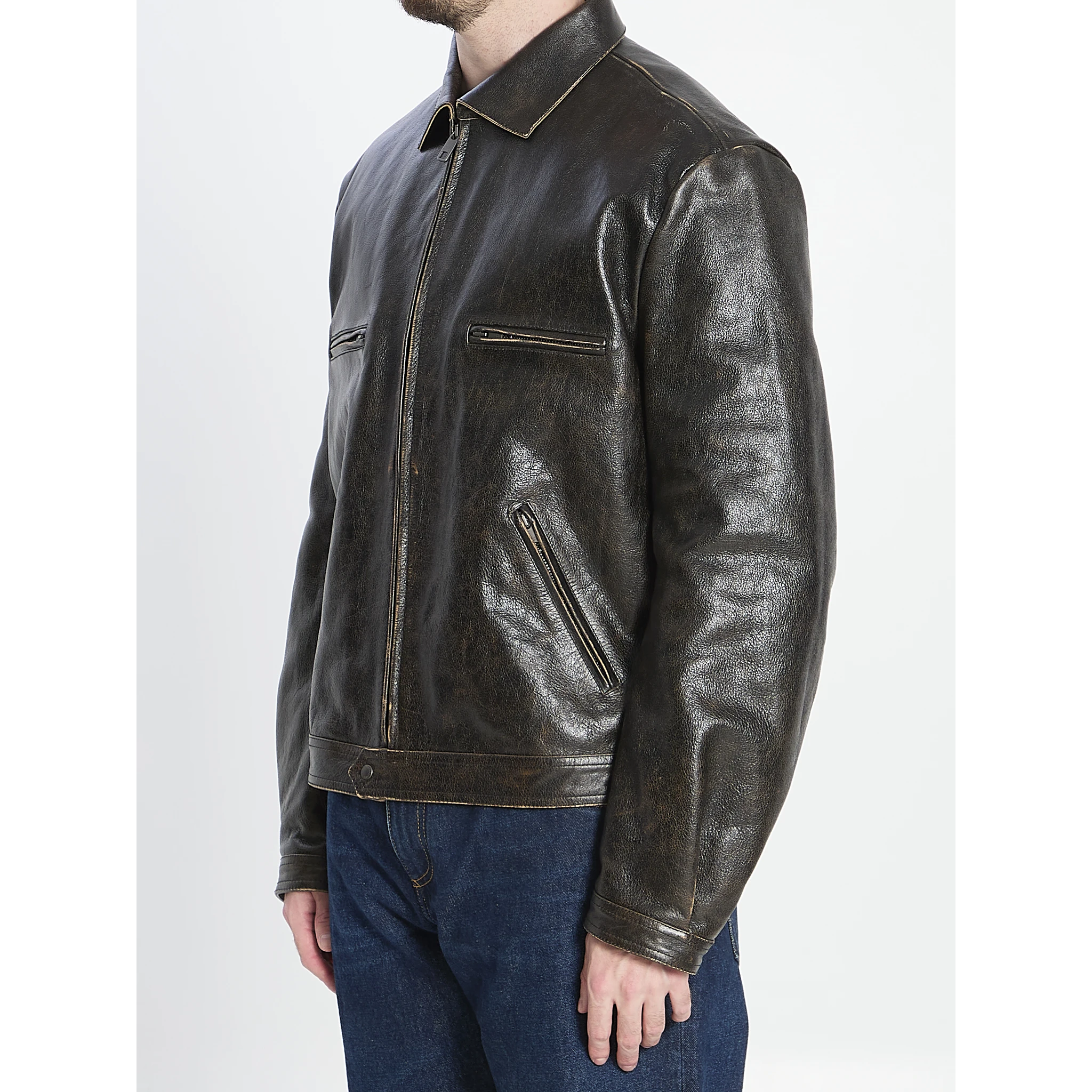 Aged-effect leather jacket