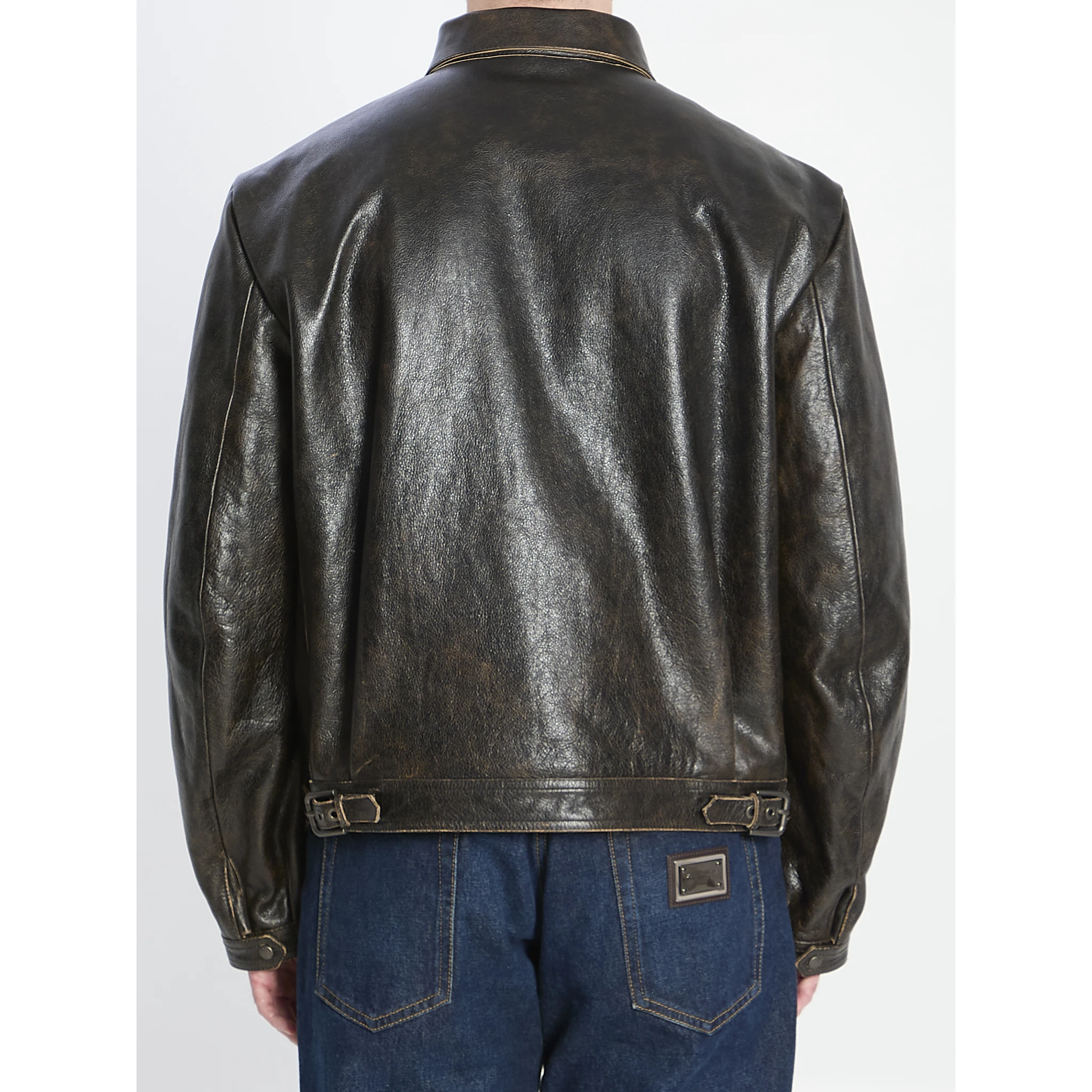Aged-effect leather jacket