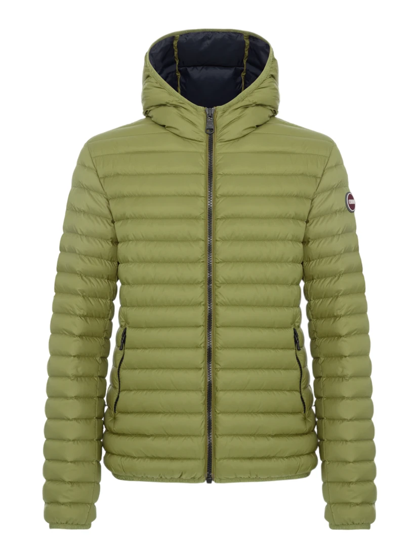 hooded horizontal-quilted down jacket