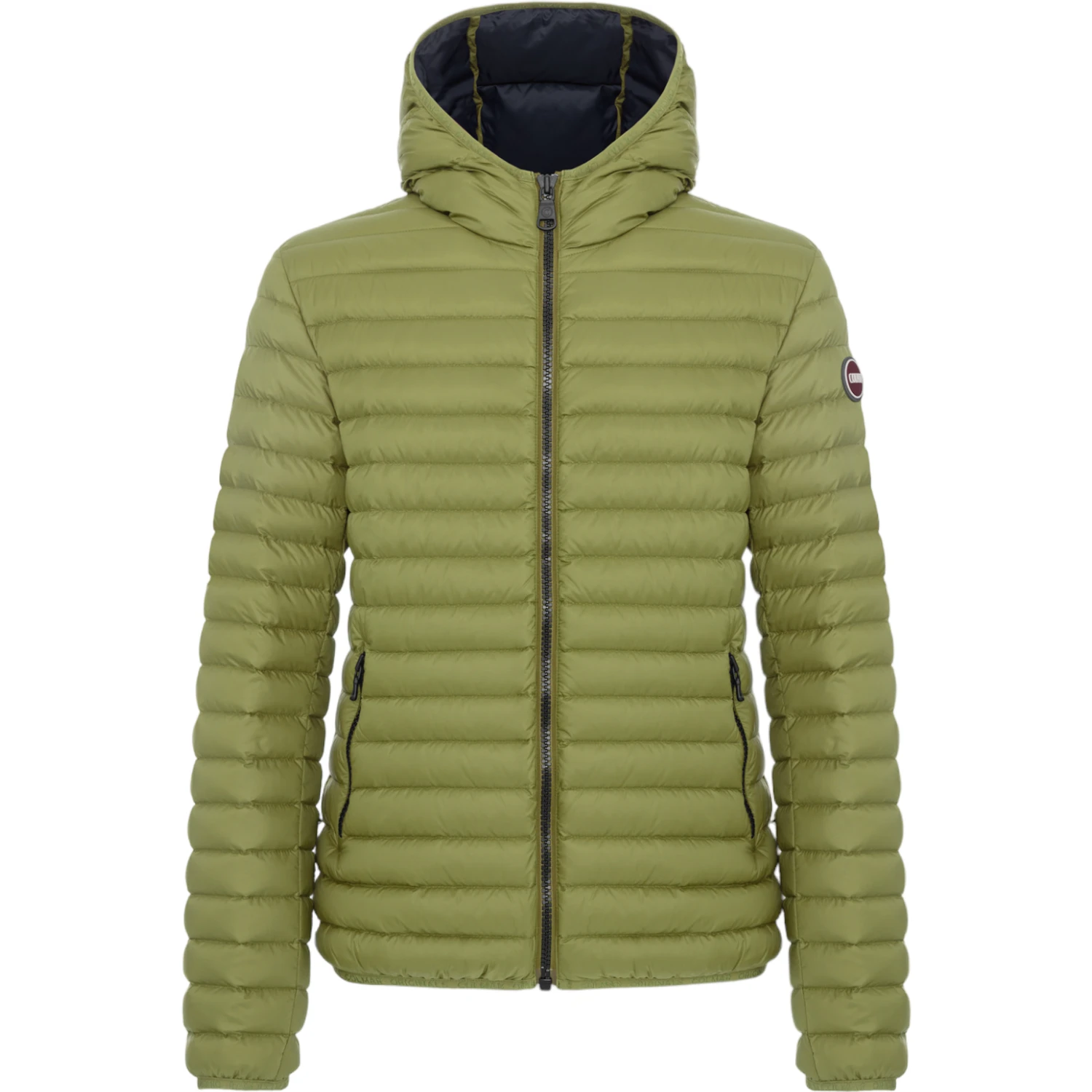 hooded horizontal-quilted down jacket