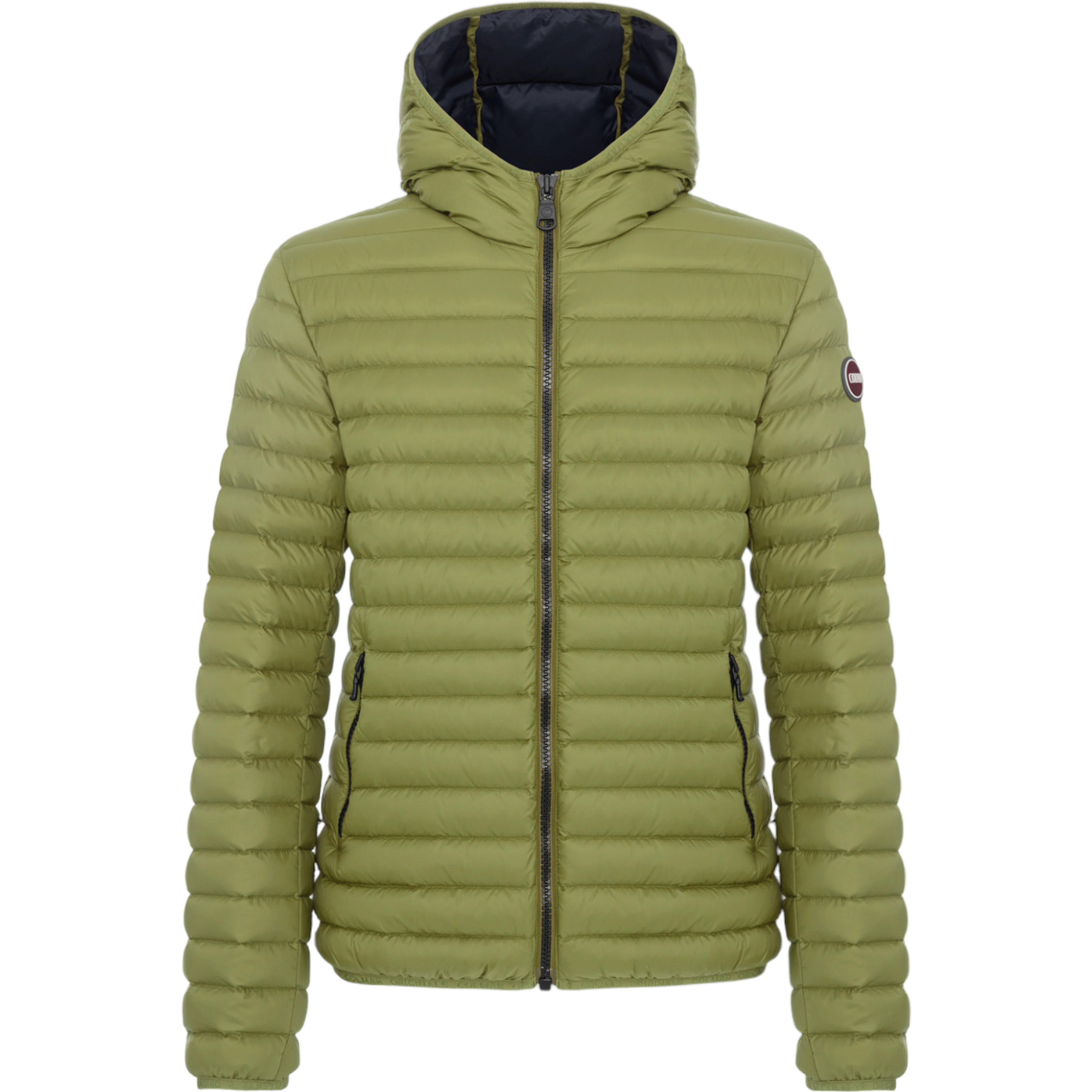 hooded horizontal-quilted down jacket