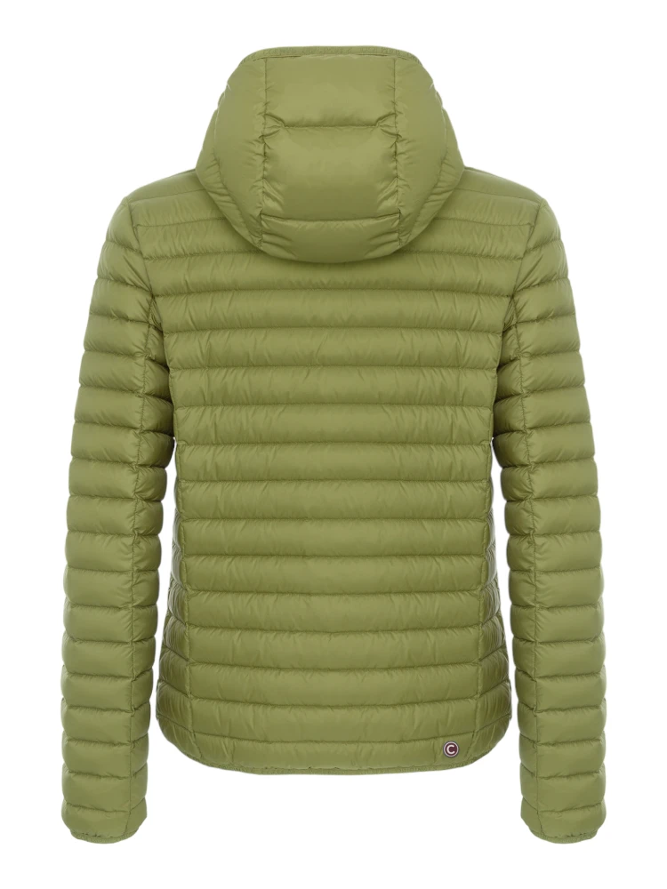 hooded horizontal-quilted down jacket alternative