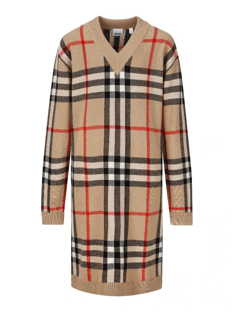 Check V-neck wool-blend dress