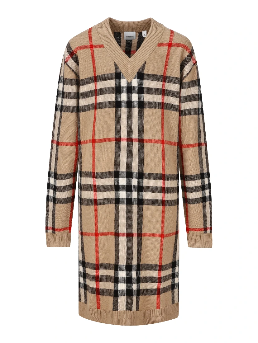 Check V-neck wool-blend dress