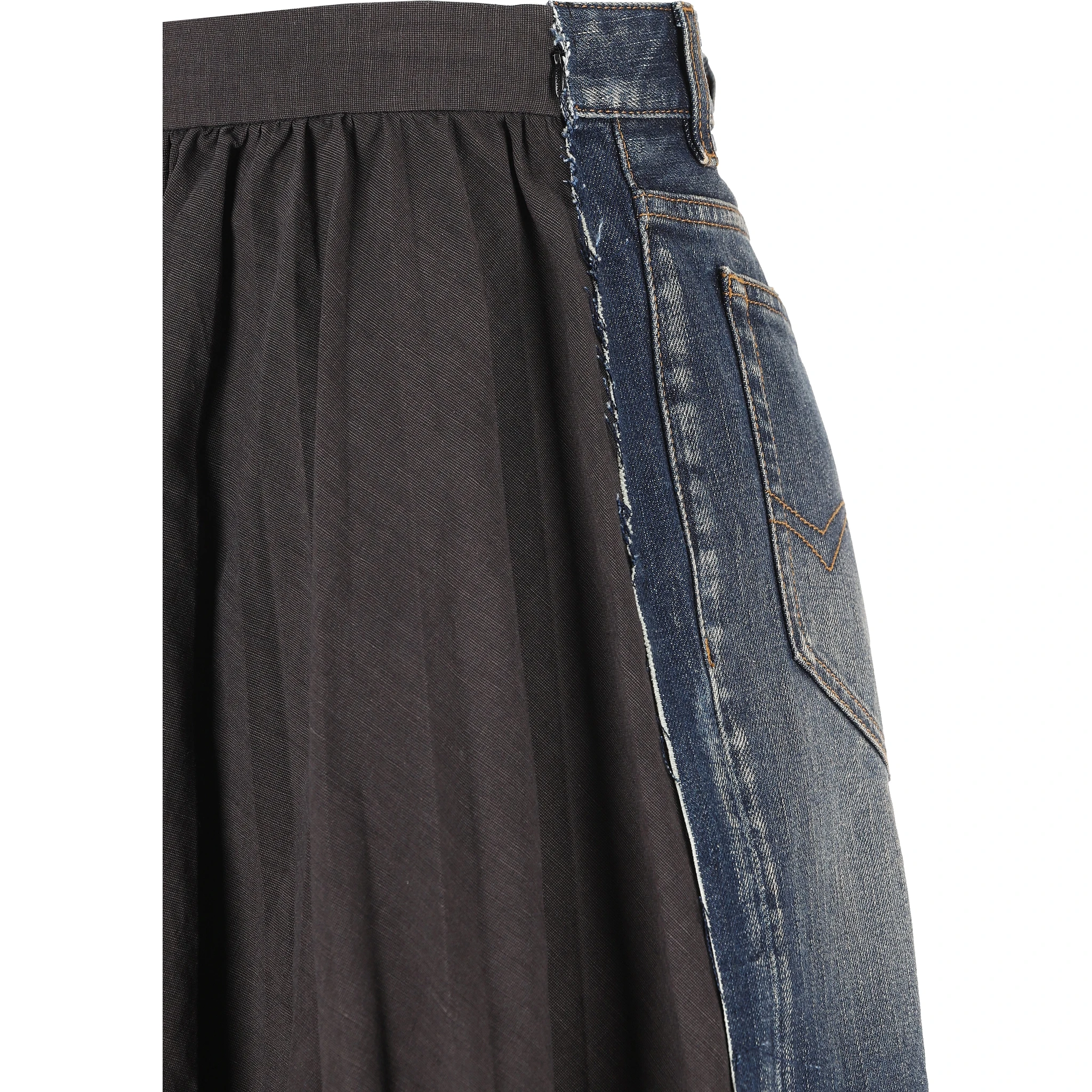 Denim And Black Hybrid Pleated Skirt