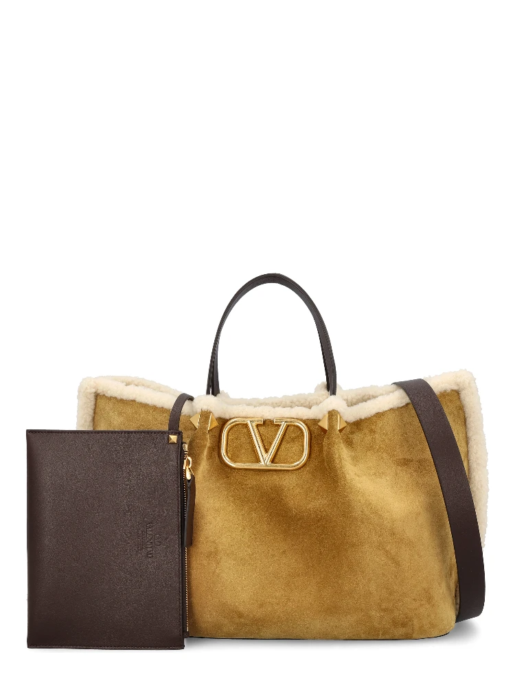Medium VLOGO Genuine Shearling Trim Suede Tote