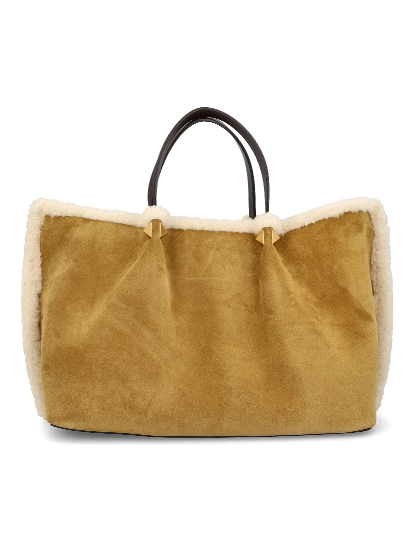 Medium VLOGO Genuine Shearling Trim Suede Tote