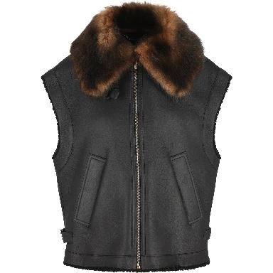 Fur-collar logo leather gilet