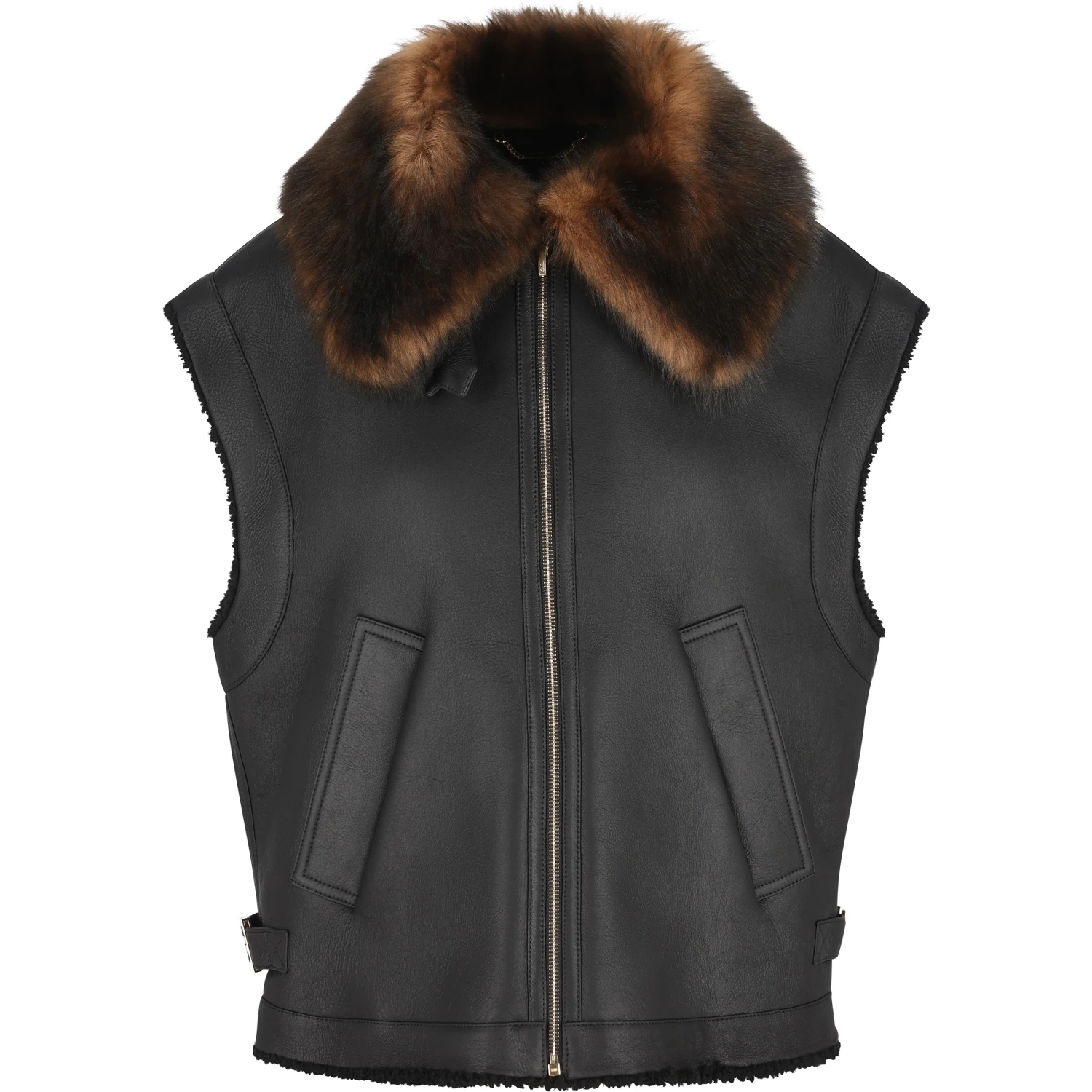 Fur-collar logo leather gilet