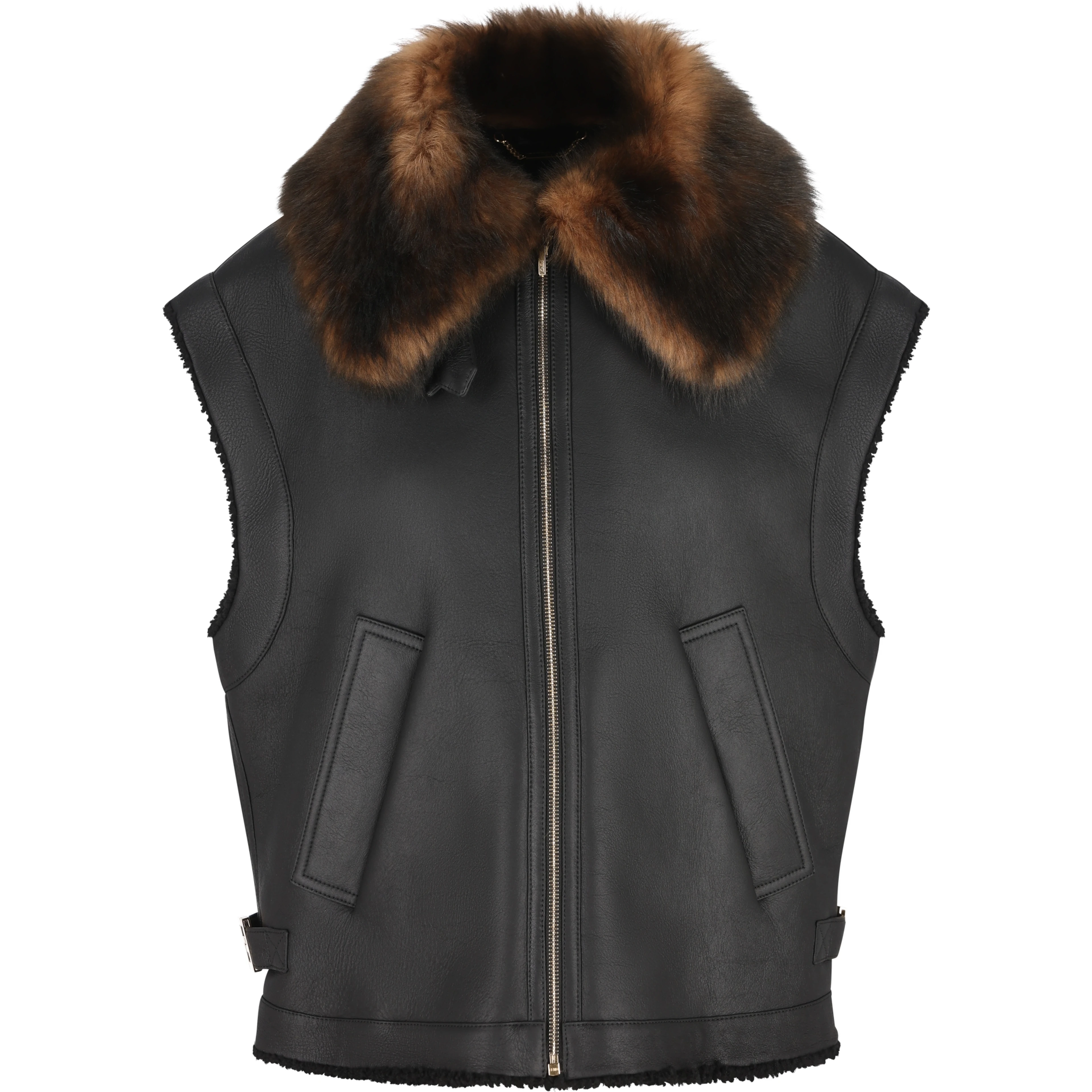 Fur-collar logo leather gilet