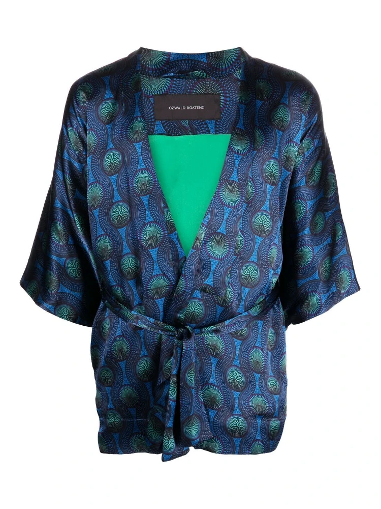 short geometric-print tie-waist jacket