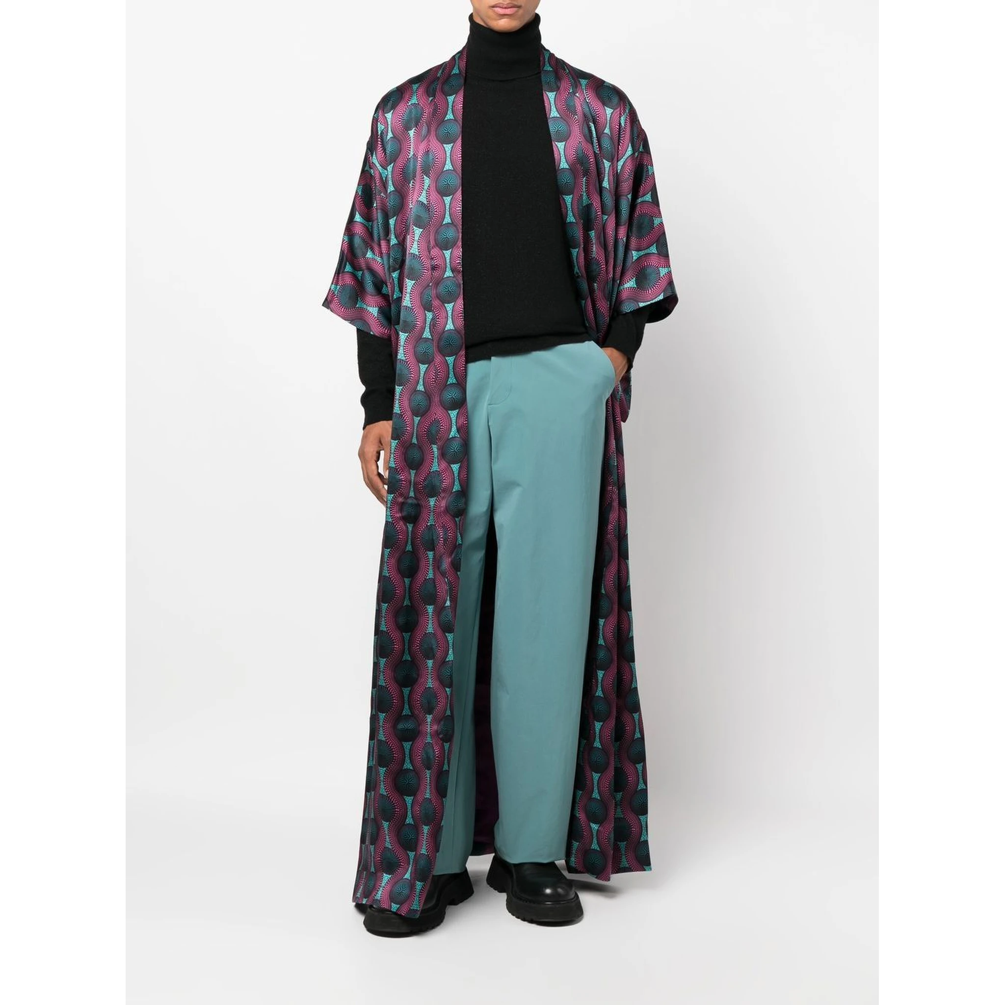 geometric-print tie-waist long jacket